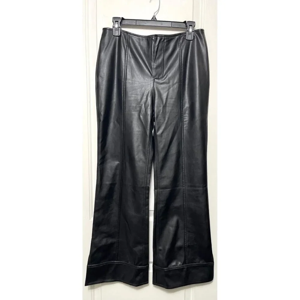 New Free People Glow Up Black Vegan Leather Wide Leg Pants High Rise Size 8